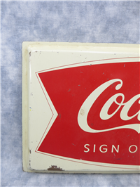1960's SIGN OF GOOD TASTE 7" x 14-3/4" Metal Coca-Cola Fishtail Advertising Sign