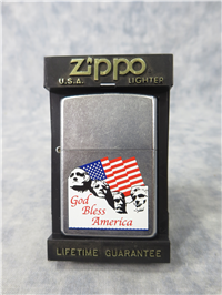GOD BLESS AMERICA/MT. RUSHMORE/FLAGS Street Chrome Lighter (Zippo, 2001)