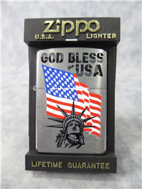 GOD BLESS THE USA/FLAG/STATUE OF LIBERTY Brushed Chrome Lighter (Zippo, 2001)