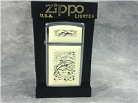 DOLPHINS SCRIMSHAW Ultralite Slim Polished Brass Lighter (Zippo 1670 SL, 2000)