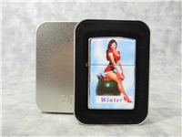ZIPPO SALUTES PINUP GIRLS - WINTER (HOLLY) Technigraphic Chip Polished Chrome Lighter (Zippo, 1996)