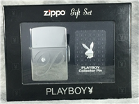 PLAYBOY Swarovski Crystal Polished Chrome Lighter & Pin Set (Zippo 24778, 2009)  