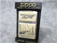 STATUE OF LIBERTY (SHIP & EAGLE) SCRIMSHAW Brushed Chrome Lighter (Zippo, 2002)