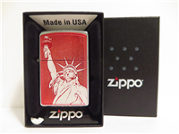 STATUE OF LIBERTY Red Anodized Aluminum Emblem Satin Chrome Lighter (Zippo, 20397, 2003)