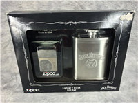 JACK DANIELS Polished Chrome Lighter & Flask Gift Set (Zippo, 2010)  