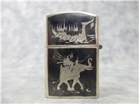 INDIAN/INDIA BUDDHA ELEPHANT Engraved Two-Tone 2-Sided Sterling Silver Lighter with Zippo Insert