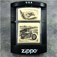 MOTORCYCLE & EAGLE SCRIMSHAW Brushed Chrome Lighter (Zippo, 2005)