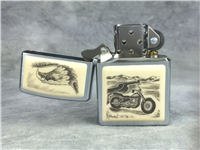 MOTORCYCLE & EAGLE SCRIMSHAW Brushed Chrome Lighter (Zippo, 2005)