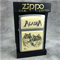 SCRIMSHAW ALASKA WOLVES Brushed Chrome Lighter (Zippo, 2005)