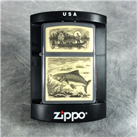 SCRIMSHAW FISH & FISHERMEN ON BOAT Brushed Chrome Lighter (Zippo, 2005)