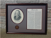Gerald Ford Deluxe Framed Signed Engraved Photo, Presidential Biography & Official Inaugural Bronze Medal