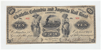 1873 $10 Charlotte Columbia and Augusta Rail Road Company Fare Ticket