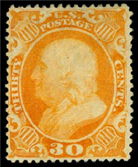 (Scott 38)  USA 1860 30&#162; Benjamin Franklin (orange)