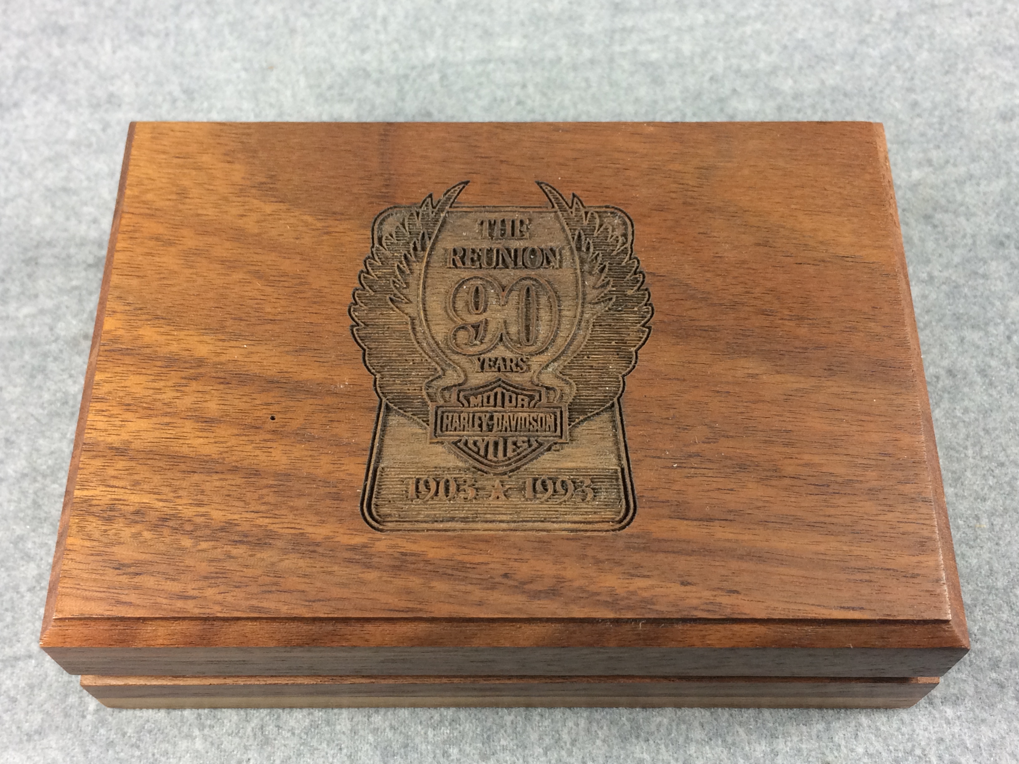 Value of HARLEY DAVIDSON REUNION 90 YEARS Silver Plate Lighter in Wood ...