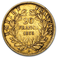 (KM-781.1) 1855 FRANCE 20 Francs Napoleon III Gold Coin 