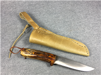L. MR. 7-3/8" Fixed Blade Wood Knife w/ Leather Sheath