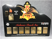 ANHEUSER-BUSCH Set of 8 Brass Lighters w/ Table Top Store Display (Zippo, 1993)  