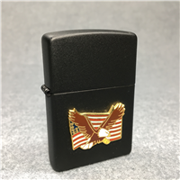 ZIPPO EAGLE & AMERICAN FLAG Emblem Black Satin Lighter (Zippo, c. 1996)