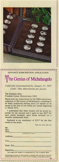 The Genius of Michelangelo Medals Collection  (Franklin Mint, 1970)