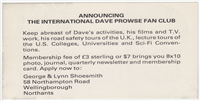 INTERNATIONAL DAVE PROWSE FAN CLUB Signed Card