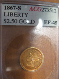 USA 1867S  $2.50 Gold Indian Head    